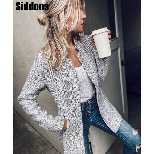 Vintage Women Long Sleeve Gray Blazer Elegant Slim Sport Coat Stand Collar Smart Casual Jacket