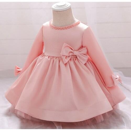Pink Baby Girls Mesh Dresses Baptism Dress Beads Bow 1st Birthday Party Wedding Christening Gown Newborn Infant Pageant Clothing