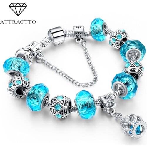 ATTRACTTO Custom Silver Color Crown Bracelets&Bangles Crystal Beads Charm Bracelets For Women Jewelry Pulsera Bracelet SBR160016