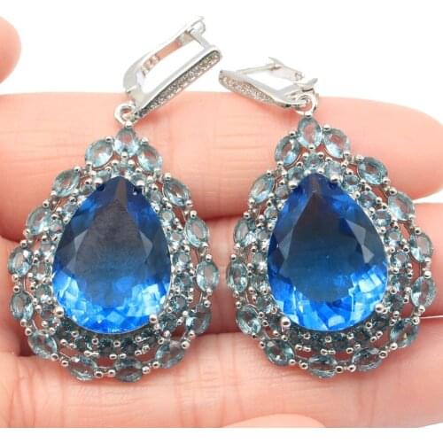 50x26mm Luxury Long Big 16g Created London Blue Topaz Zircon Gift For Women Jewelry Dating Silver Earrings