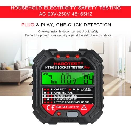 HABOTEST GFCI Socket Tester 90-250V Outlet Tester Automatic Electric Circuit Polarity Voltage Detector Breaker Finder HT107E