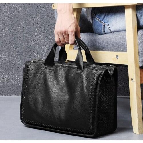 Woven Sheepskin Handbag Men 's Large Capacity Cross Section Briefcase Soft Leather Casual Travel Bag Business Stylish Bag