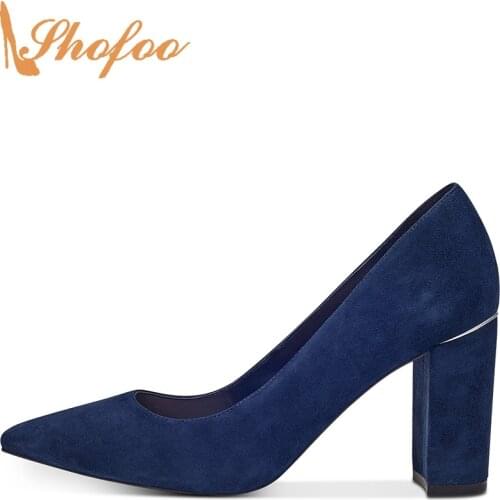 Blue Pumps High Square Heels Women Pointed Toe Flock Slip On Large Size 14 16 Ladies Summer Fashion Office Mature Shoes Shofoo