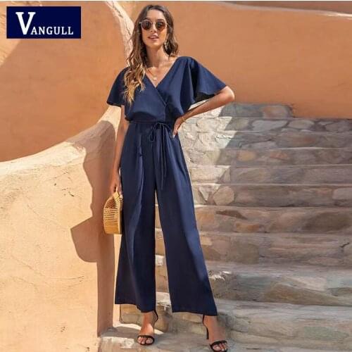 Vangull Women Jumpsuit 2021 Summer New High Waist Solid Color Short-Sleeved V-neck Straight-leg Office Ladies Jumpsuit With Belt