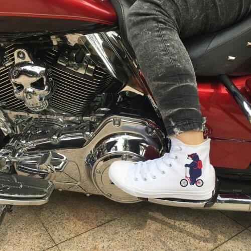 Wen Original High Top Sneaker Funny Cartoon Bear Schoolbag Riding Bicycle Design White Canvas Shoes Unisex Sport Plimsolls