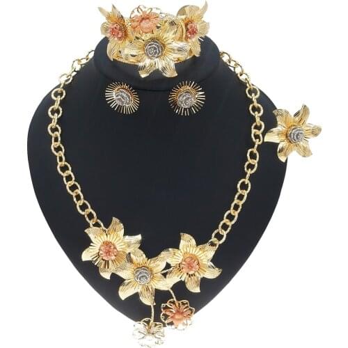 Yulaili Wholesale Brazil Gold Jewelry Set Hot Design Gold Flower Bridal Necklace Earrings Bangle Ring Jewelry Set For Lady