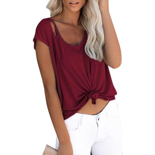 Ladies Short Sleeve T-shirt Round Neck Casual Shirt Round Neck Pullover Women Short-sleeved T-shirt With Holes In Solid Color