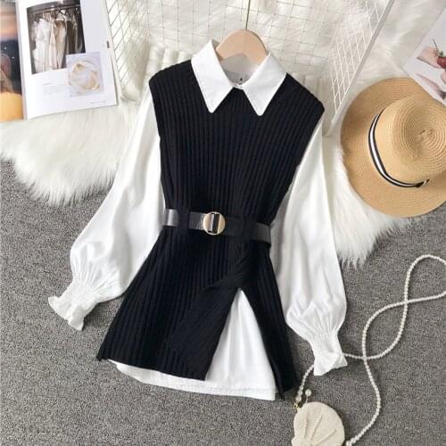 2021 spring autumn womens lantern sleeve shirt knitted vest two piece sets of College style waistband vest two style top