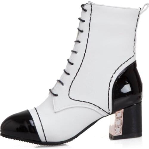 Winter ankle shoes for woman New fashion Round toe Yellow White consice Block heels Matin boots Cross tied Short boots 32-48