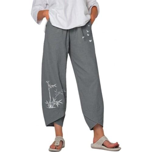 Bamboo Print Women Trouser Leg Pocket Wide Leg Ninth-Length Harem Pants Sweatpants Streetwear pantalones de mujer брюки женские