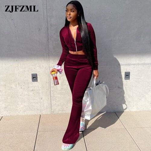 Velvet Two Piece Set Tracksuit Women Fall Winter Long Sleeve Hooded Crop Sweatshirt+bell Bottom Pant 2000s Y2K Velour Clothes