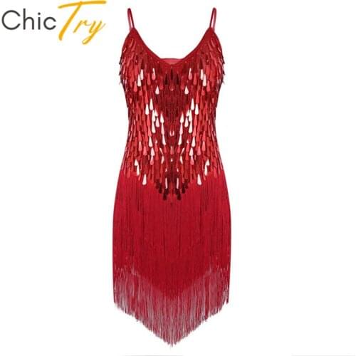 ChicTry Women Shiny Sequins Ballroom Dance Party Fringe Dress Gowns Rhythm Samba Rumba Tango Salsa Stage Adult Latin Dance Dress