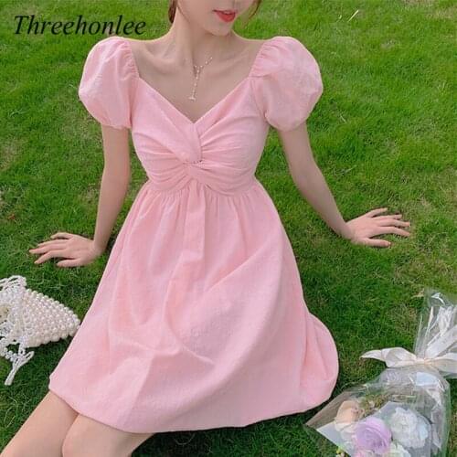 Women Korean Pink Mini Dress Sexy Vintage Off Shoulder Party Dress Female 2021 Summer Fashion New Casual Lady Dresses