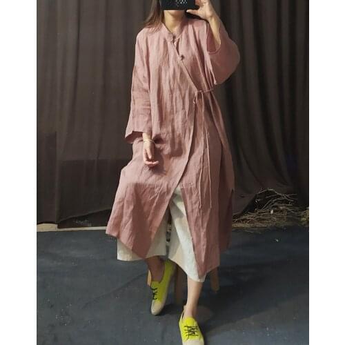 Women Solid Color Long Coat Outerwear Ladies Linen Trench Coat Female Spring Autumn Retro Coat