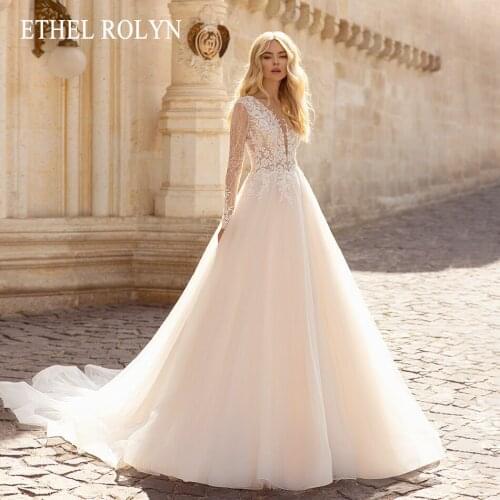 ETHEL ROLYN A-Line Wedding Dress 2021 Delicate Beaded Lace Appliques Bride V-Neck Long Sleeve Sparkly Tulle Beach Bridal Gown
