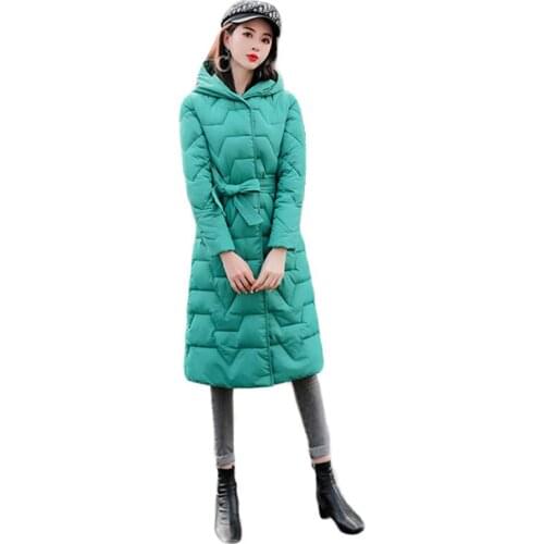 Winter Coat Women Green Down Cotton Jacket 2020 New Korean Fashion Belt Slim Thick Long Hooded Parkas Warmth Tops Feminina JD966