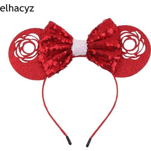 1PC 2021 NEW 5'' Glitter Sequins Bow 3.3'' Shiny Hollow Rose Mouse Ears Hairband Headband Gilrs Women Headwear Hair Accessories