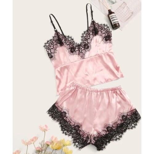 2pcs/set Women Satin Silk Pajama Sets Sexy Sleeveless Summer Pajama Set Ladies V-Neck Cute Cami Shorts Sleepwear