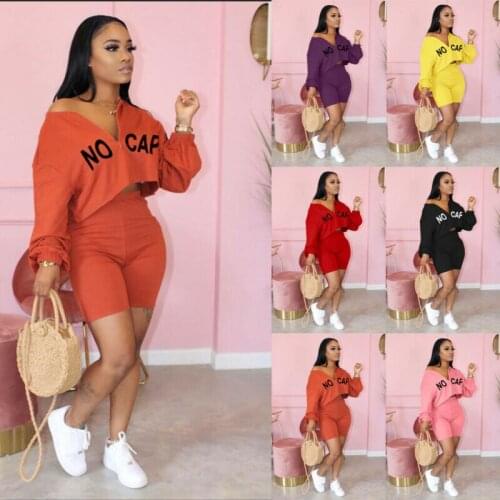 Fashion New Women Letter Print Zipper Long Sleeves Casual Short Outfits 2pcs