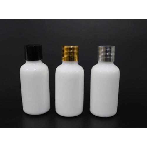 30pcs 30ml porcelain white essential glass bottle with flat bottom cover and inner dripping sifter cosmetic packaging bottles