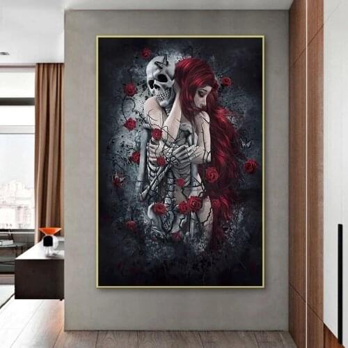 Abstract Skull Girl Canvas Art Posters and Prints Dark Rose Flowers Wall Art Paintings Pictures Cuadros for Living Room Decor