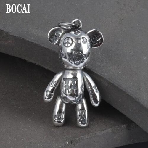 BOCAI Real s990 Silver Jewelry Retro Light Hollow Three-dimensional Double-sided Cute Bear Pendant for Woman