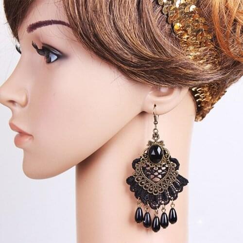 Black Hollow Lace Earrings Simulated Pearl Long Tassel Drop Earring Rhinestone Charm Big Dangle Eardop Vintage Halloween Jewelry