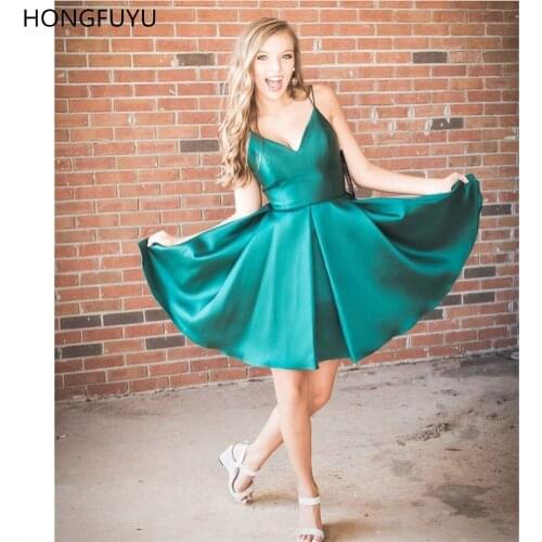 HONGFUYU Short Satin Homecoming Prom Dresses Sleeveless A Line Double Straps Party Gowns Emerald Womens Special Occasion Dress
