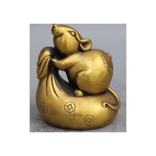 JP S0006 10CM Chinese Pure Bronze Fengshui Copper Money Wealth Animal Mouse rat Statue