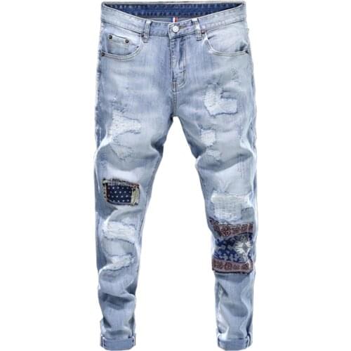 Mens Patchwork Holes Ripped Jeans Streetwear Patch Design Stretch Denim Pencil Pants Light Blue Slim Trousers