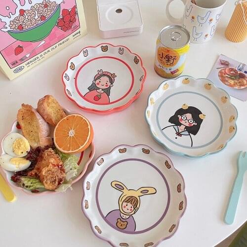 New ceramic bowl cute girl heart hand painted bowl shallow mouth bowl fruit salad bowl rabbit cub girl plate bowl