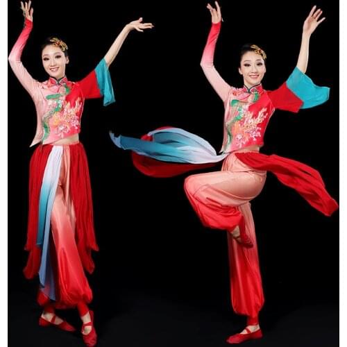 New Yangko Dance Clothes 2 Pieces Set Chinese Folk Dance Costumes National Waist Drum Suit Long Sleeve Classical Dance Wear Plus