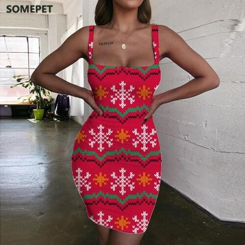 SOMEPET Christmas Dresses Women Snowflake Vestido Sexy Painting Ladies Dresses Harajuku Bodycon Dress Womens Clothing Party
