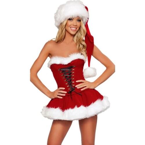 Sexy Ladies Velvet Christmas Tube Top Mini Dress Miss Santa Claus XMAS Outfit Costume