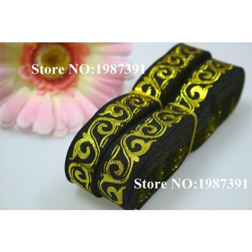 Wide 2cm 9yards/lot Polyester Woven Jacquard Ribbon black background gold tetom pattern LS-5173