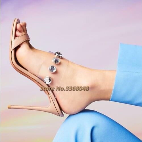 Crystal Women Dress Sandals Round Toe Cut Out Open Heel Shoes Stiletto High Heel Round Toe One Strap Shoes Clear PVC Dress Shoe
