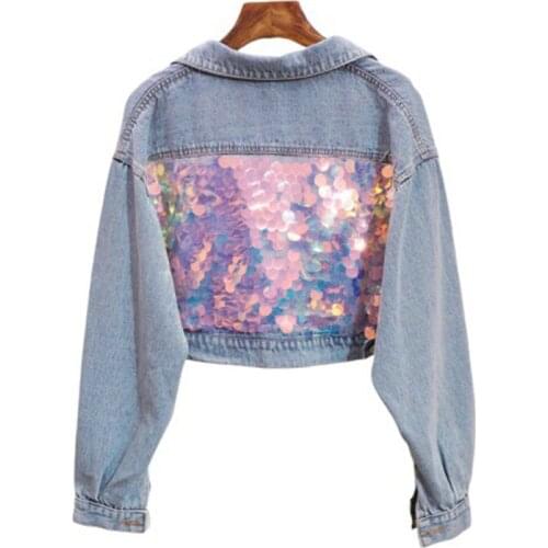 PERHAPS U Women Blue Denim Bling Jacket Pocket Sequined Long Sleeves Turn Down Collar C0140