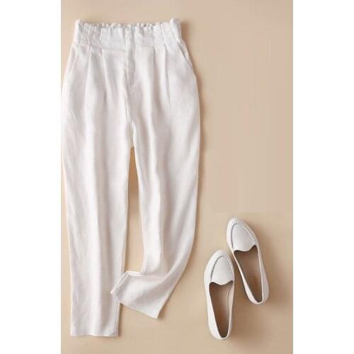 Summer Spring Women Female Casual High Waist Pleated Ankle Length Linen Trousers , White Black Beige Pants for Woman