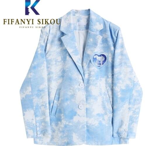 2021 Spring Autumn Women Blazer Jacket Single Breasted Lapel Fashion Print Tie dye Suit Jacket Female Loose Chic Blazers Coat