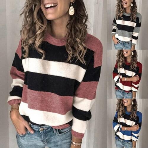 Plus Size Women Autumn Winter Casual Long Sleeve Pullover O Neck Color Block Loose Knitted Sweater For Female