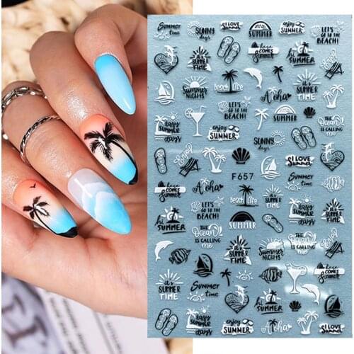 1Pc Summer Tropical Beach 3D Nail Sticker Holographics Coconut Tree Leaves Nail Transfer Decals Slider Decoration Manicures