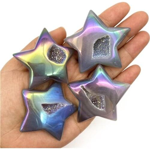 Beautiful 1PC Naural Electroplated Aura Agate Star Carved Crystal Geode Quartz Figurine Healing Natural Quartz Crystals