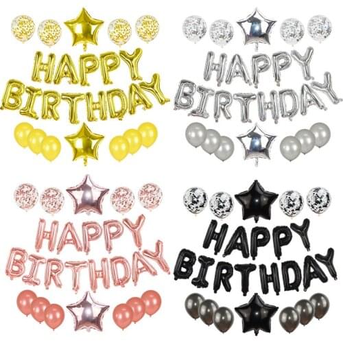 25pcs Happy Birthday Balloons Set Rose Gold Silver Black Foil Letter Balloon Pentagram Round Globos Birthday Party Decorations
