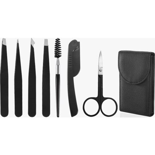 7 Pieces Professional Stainless Steel Eyebrow Tweezers Set Hair Slant Tool Eyebrow Clip Stickers with Case Makeup Tool Set