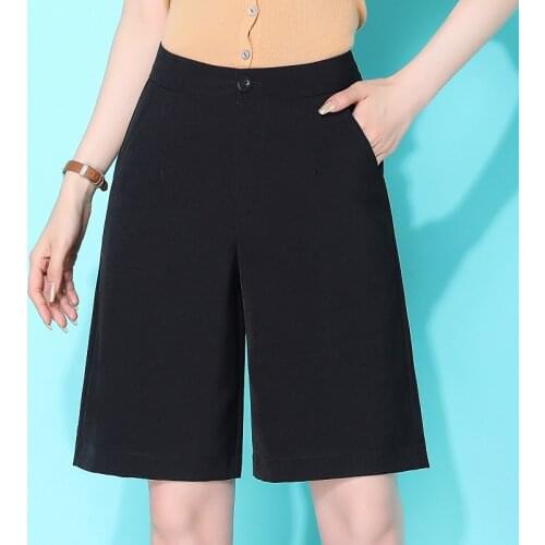 Knee Length Women Loose Trousers 2021 Summer Thin Plus Size 4XL Ladies Wide Leg Pants Casual Black Half-Length Capris KN200