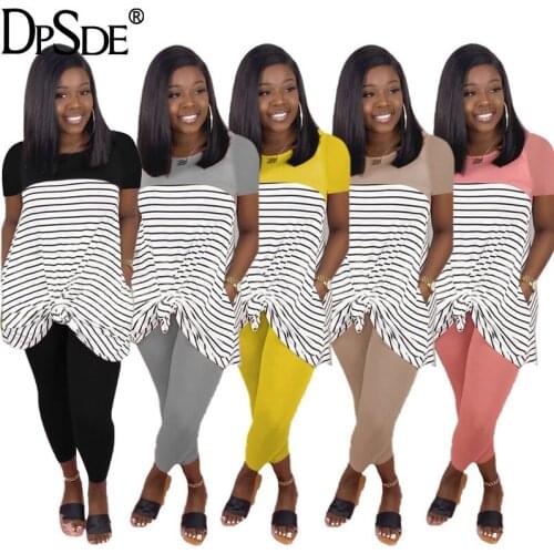 DPSDE 2020 summer women fashion street casual style short sleeve round neck top elastic long pants striped two piece sets