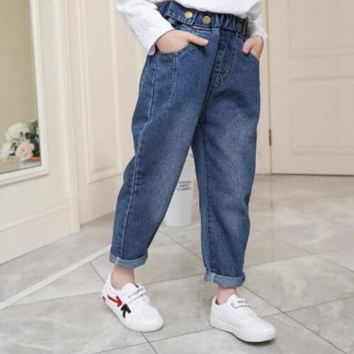 High Quality Girls Denim Pants Teenage Girls Dark Blue Jeans Kids Loose Casual Trousers Elastic Waist Jeans Children Clothing