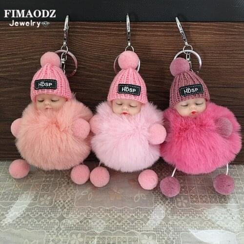 FIMAODZ Cartoon Sleeping Doll Keychain Cute Baby Doll Fur Ball Plush Key Chain Ring For Women Bag Car Pendant Kids Gift