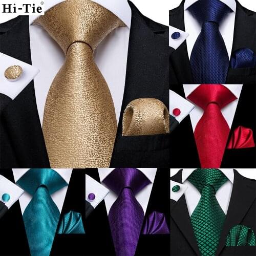Hi-Tie Luxury Gold Blue Solid Silk Wedding Tie For Men Hanky Cufflink Men Necktie Set Business Party Dropshipping Fashion Design