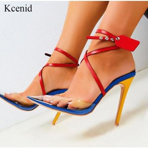 Kcenid 2020 Sexy summer transparent PVC pointed toe women sandals high heel rivets cross-strap ladies shoes party pumps sandals